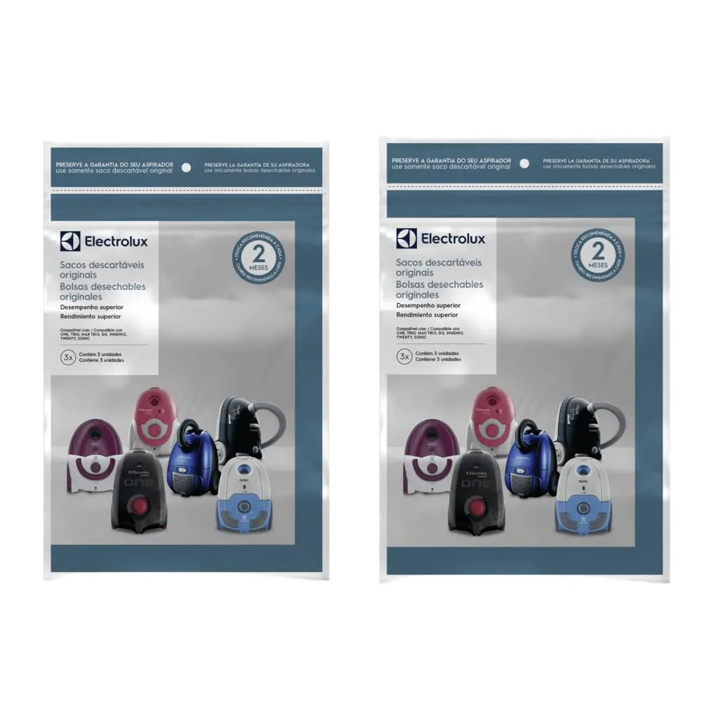 2 Kits 3 Sacos de aspirador de pó - Modelos: One, Trio, Max Trio, Go!, Ingenio, Twenty e Sonic (SBEON) Electrolux