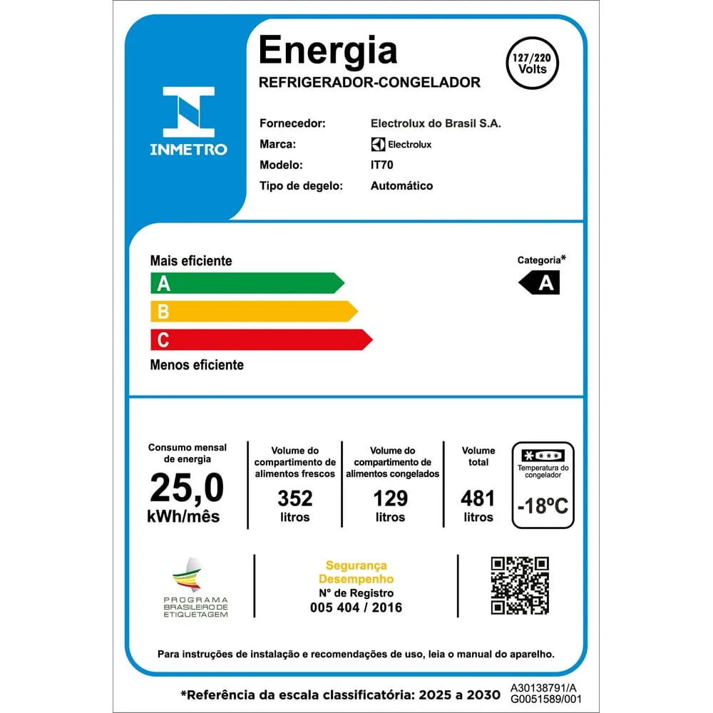 Geladeira Electrolux Frost Free Inverter 481L Efficient com AutoSense SmartBivolt Duplex cor Branca (IT70)