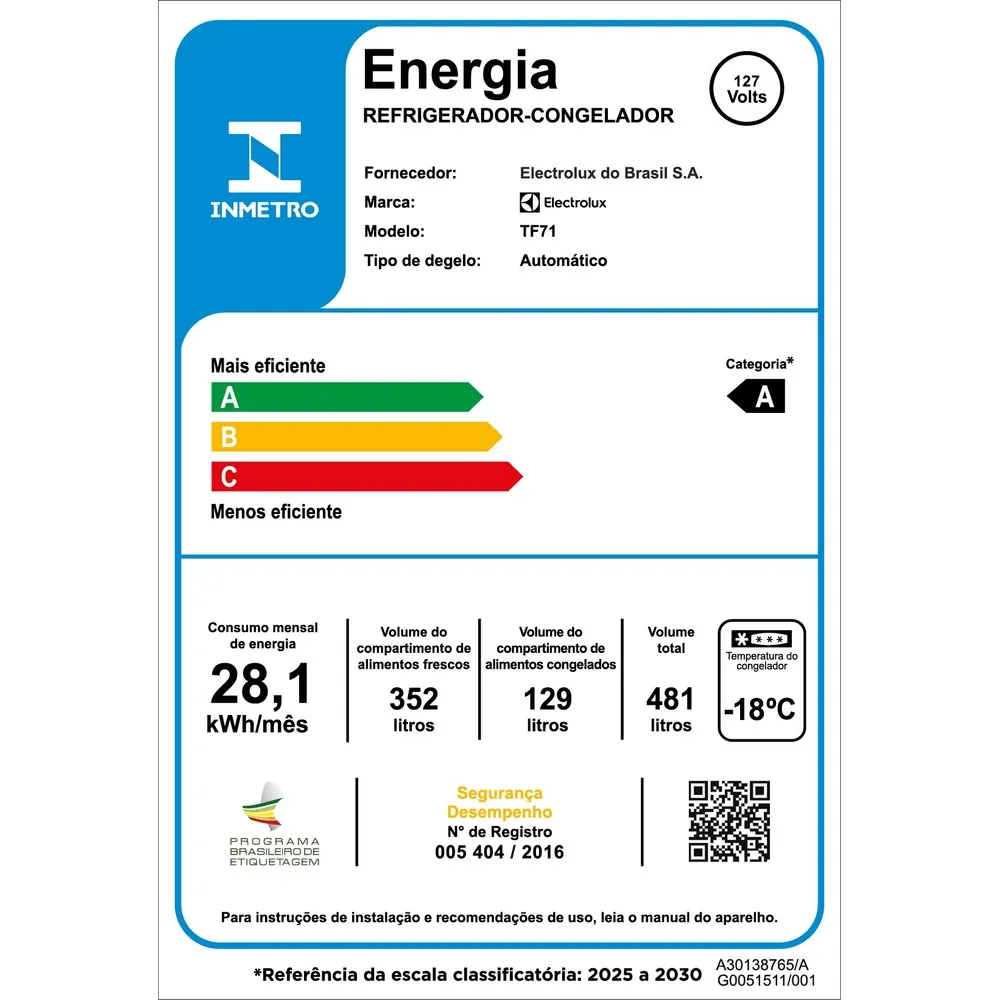 Geladeira Electrolux Frost Free com AutoSense 481L Efficient Duplex Branca (TF71)