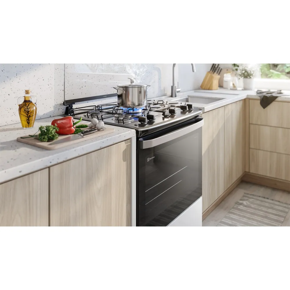 Fogão 5 bocas Electrolux Branco Efficient com Mesa Inox, PerfectCook e VaporBake (FE5IB)