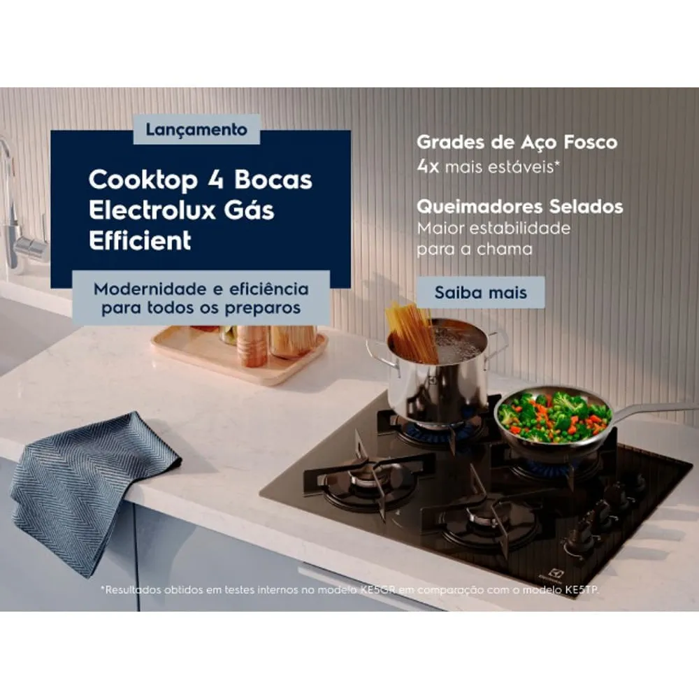 Cooktop 4 Bocas a Gás Electrolux Mesa de Vidro Efficient Grade de Aço Fosco (KE4GR)