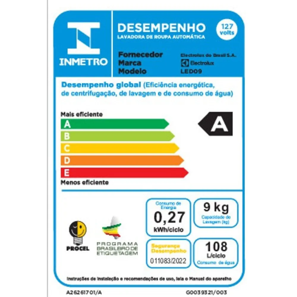 Máquina de Lavar 9kg Electrolux Efficient Care (LED09)
