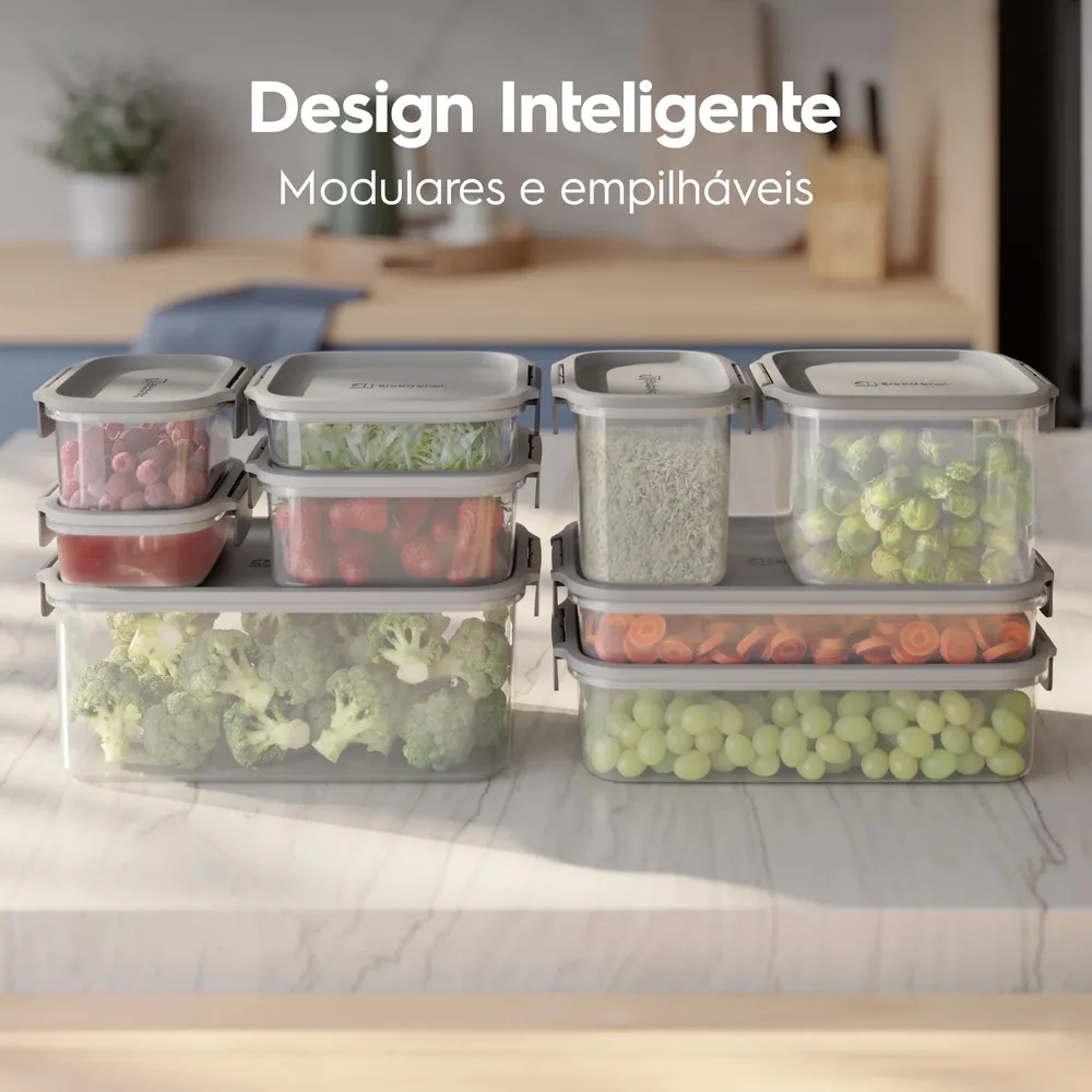 Potes Herméticos de Plástico Electrolux Cinza 8 Unidades Empilháveis Modulares