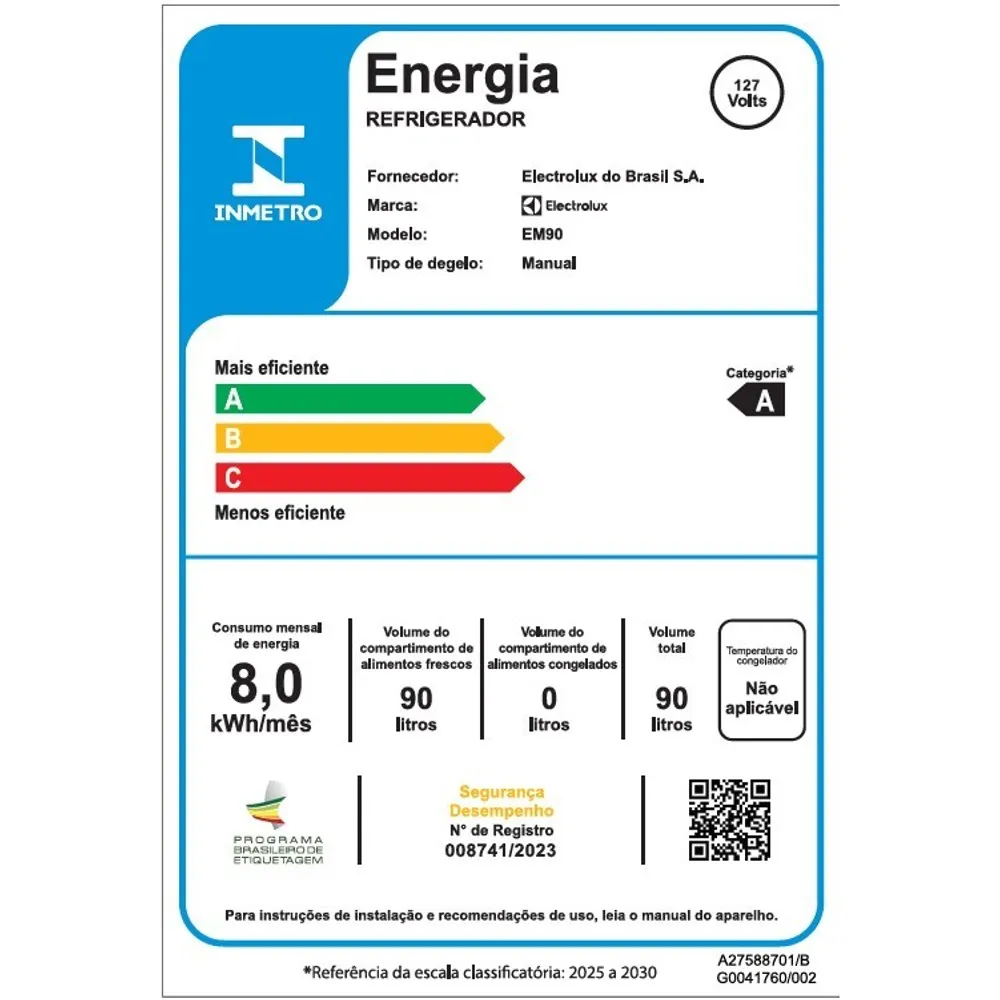 Frigobar Electrolux 90L Efficient com Controle de Temperatura Cor Branca (EM90)